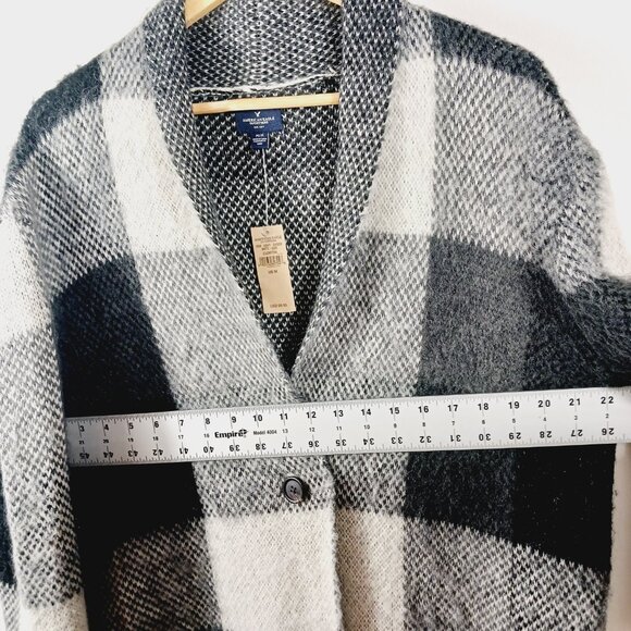 NWT American Eagle Plaid Wool Blend Cardigan Sweater, Jacket Blk/Wht/Gray Sz MED - Picture 11 of 16